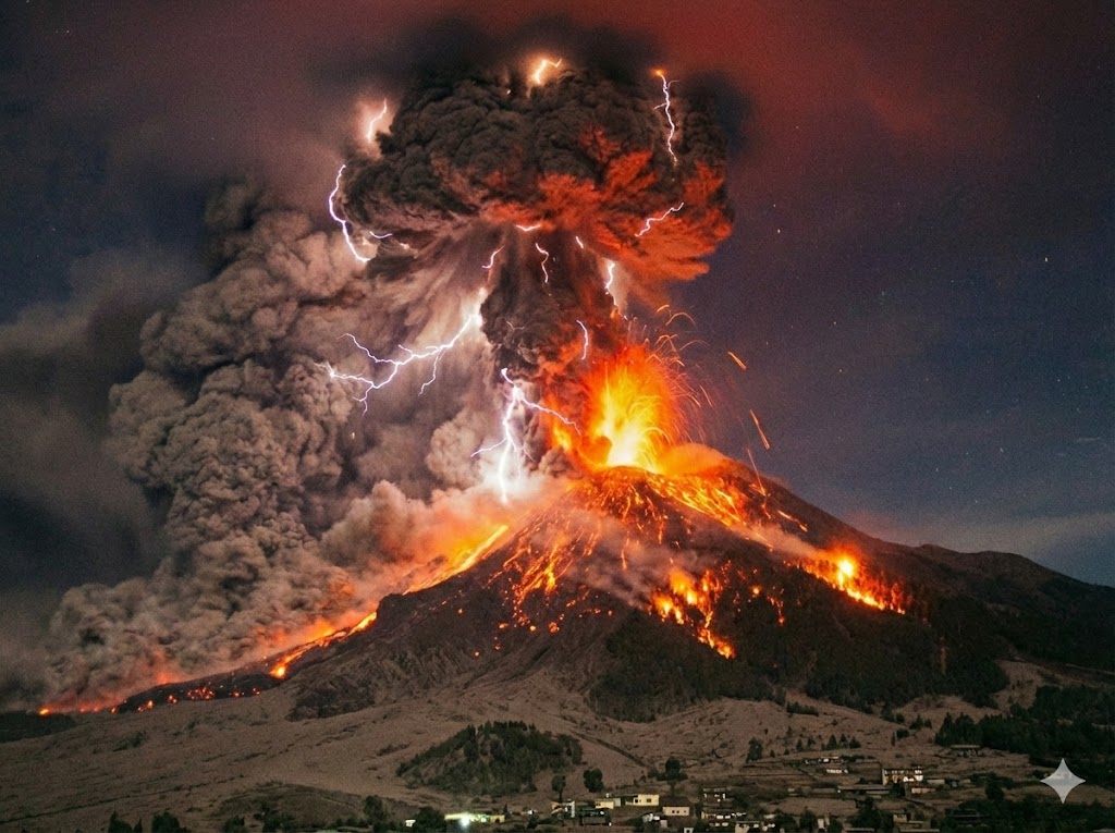 Eruzione del vulcano che illumina il cielo al tramonto